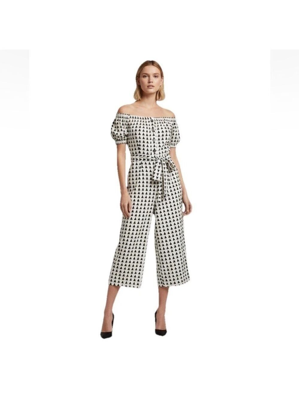 ASOS Off Shoulder Belted Jumpsuit Linen Blend Triangle Print Women’s 2 XS NWT